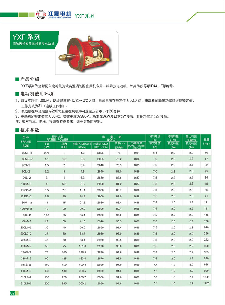 YXF系列江晟高溫消防配套三相異步電動機(jī)參數(shù)表